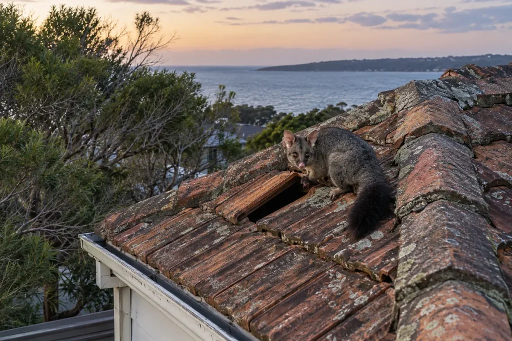 Brushtail possum beside a lifted tile on a weathered beach house roof on the Mornington Peninsula