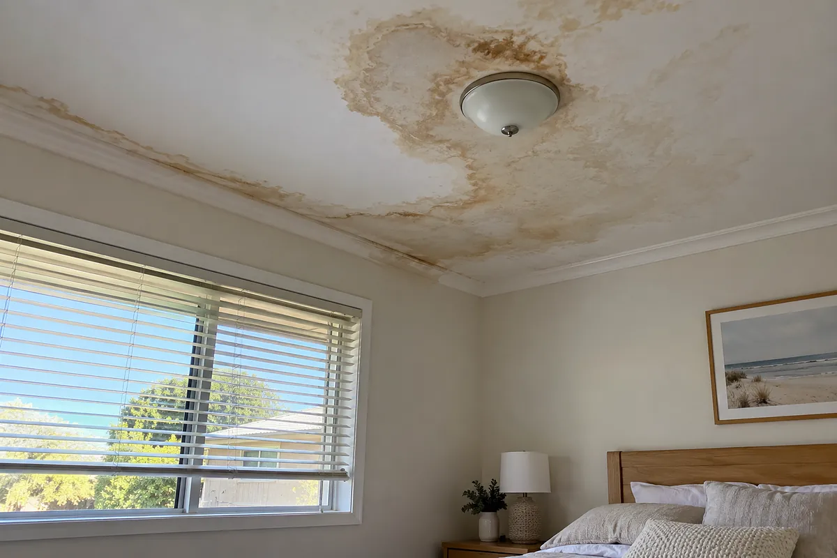 Brown possum urine stain on a bedroom ceiling around a light fitting