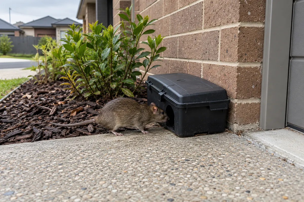 Brown rat at a lockable rodent bait station beside a new brick home