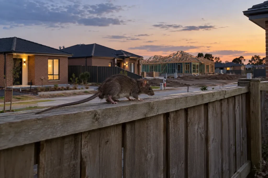 Roof rat walking along a timber fence in a new Cranbourne housing estate at dusk